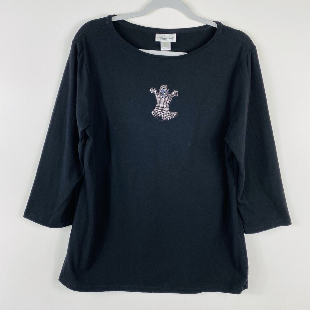 Coldwater Creek Top Large Black Ghost Rhinestone Embellished T-Shirt Tee